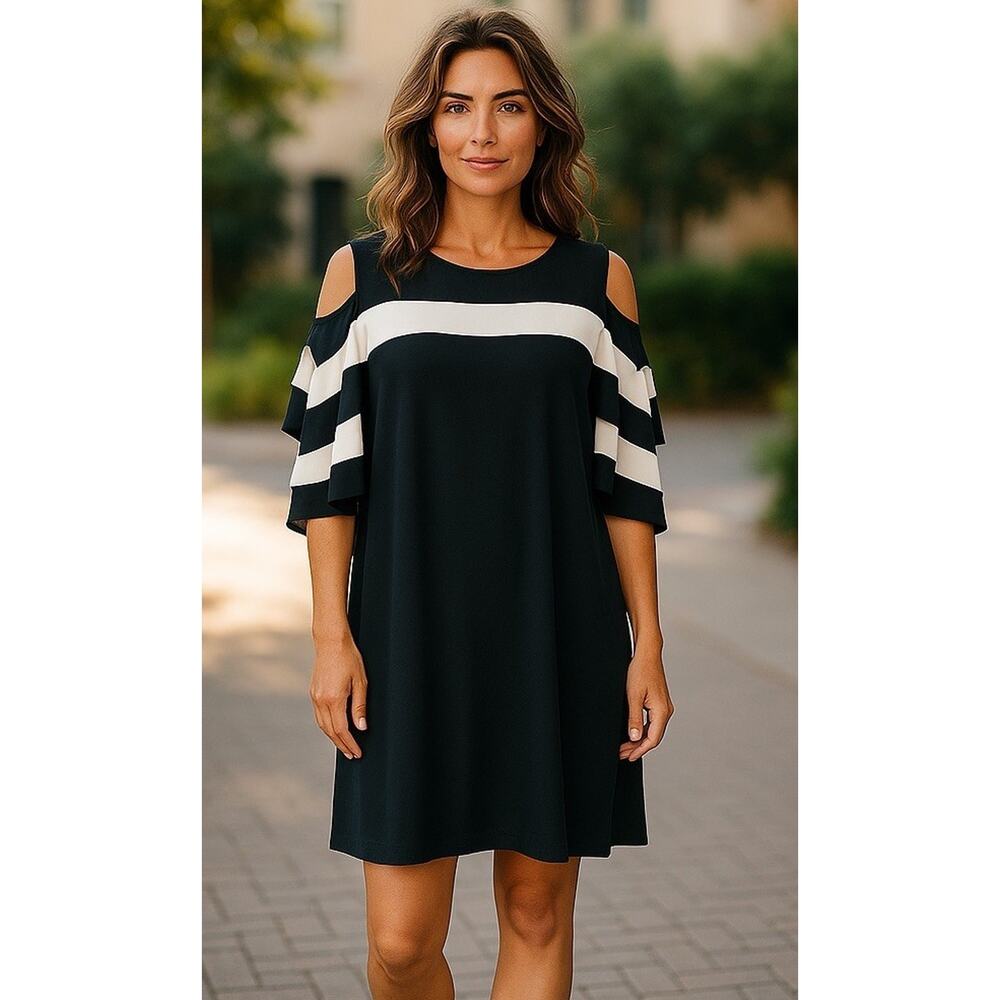 Women's Nina Leonard Draped Sleeve Cold-Shoulder Dress, Black Tan, Size XL